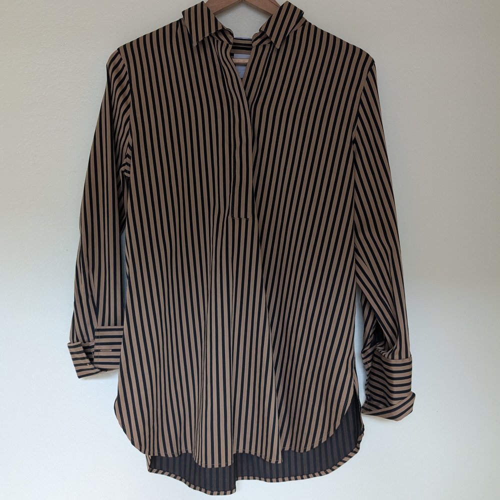 Chico's Elegant Black and Tan Striped Blouse